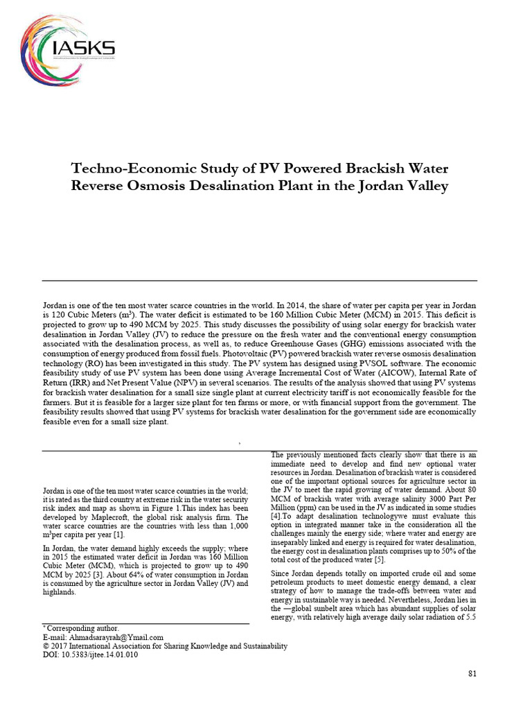 PV Desalination for Brackish Water in Jordan | PDF | Photovoltaics ...