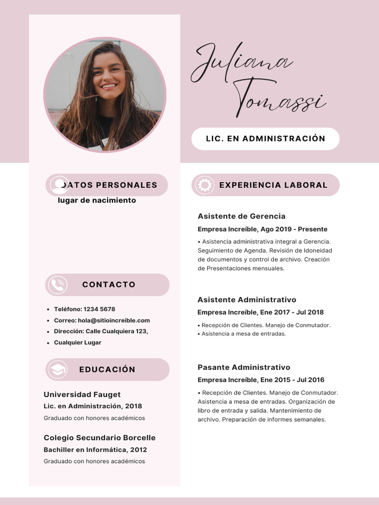 Curriculum Vitae de Mujer Profesional Con Foto Femenino Rosa | PDF