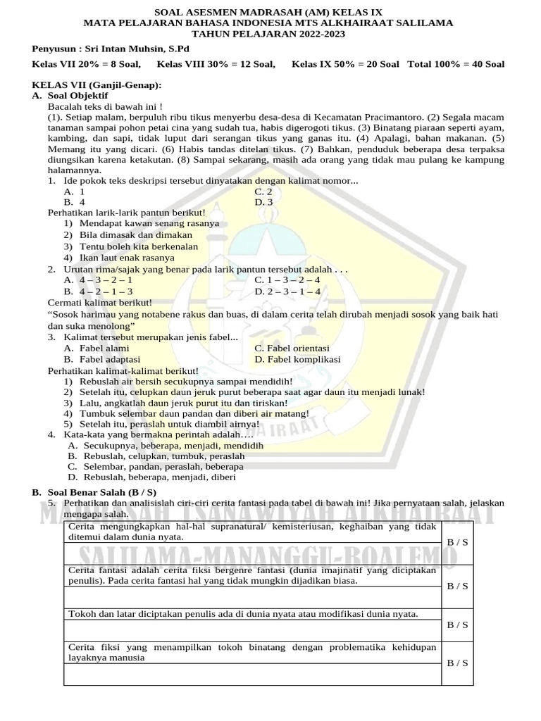 Soal Bahasa Indonesia Kelas IX MTS 2022-2023 | PDF