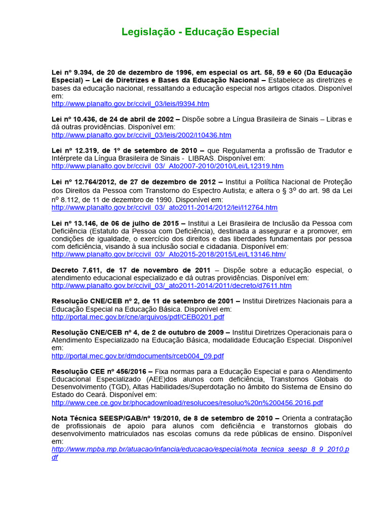 Legislação sobre Educação Especial no Brasil | PDF | Educação Especial