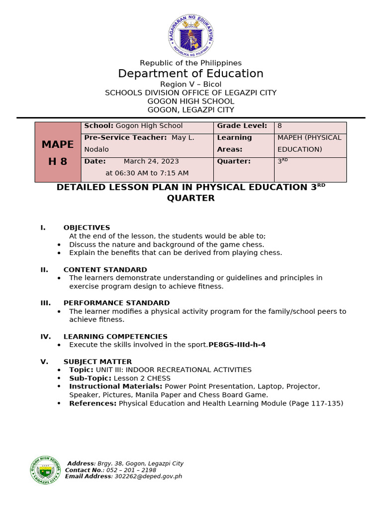 Detailed Lesson Plan: Chess in PE | PDF | Chess | Board Games