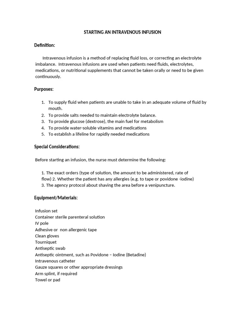 Starting Intravenous Infusion Guide | PDF | Intravenous Therapy | Vein