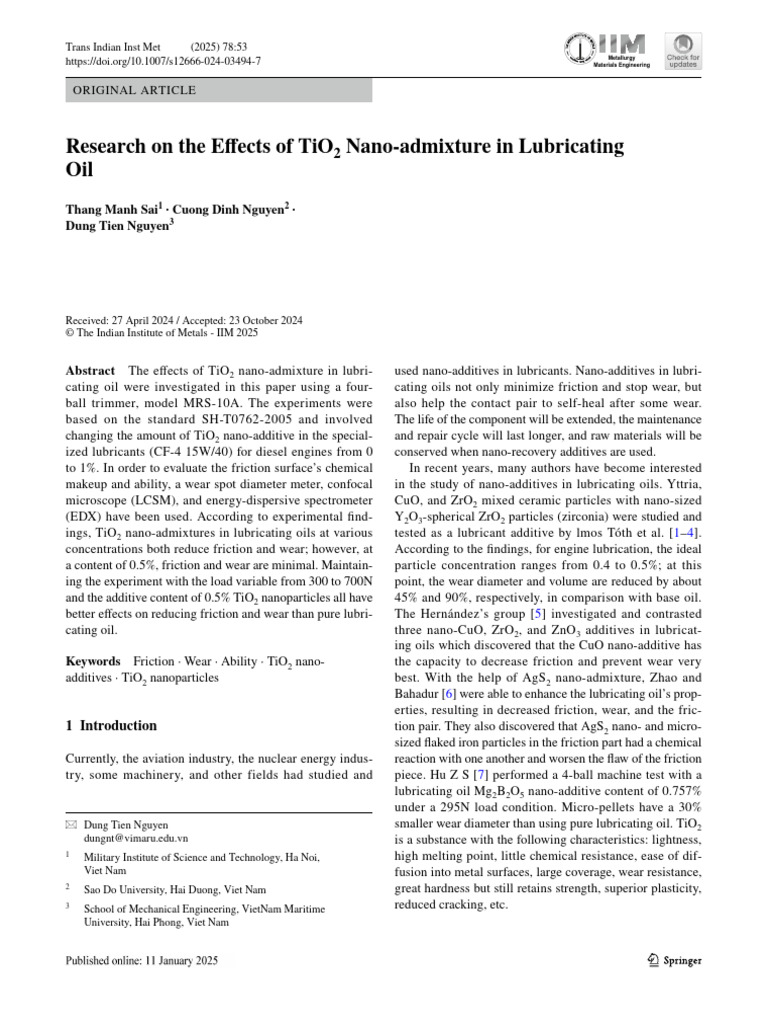 Research On The Effects of Tio Nano Admixture in Lubricating Oil | PDF ...