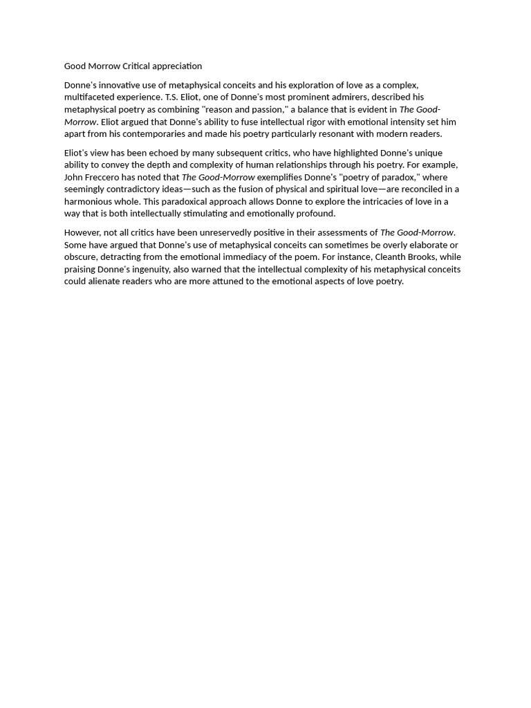 Good Morrow Critical Appreciation | PDF