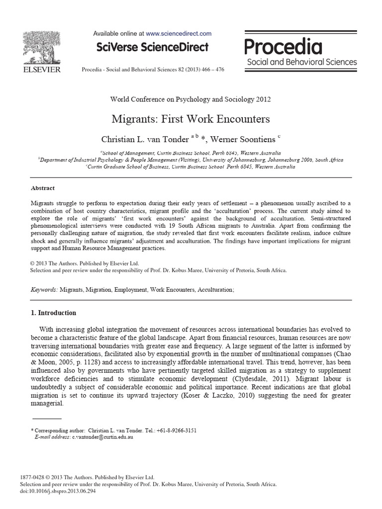 Van Tonder & Soontiens, Migrants - First Work Encounters, Procedia 2013 ...