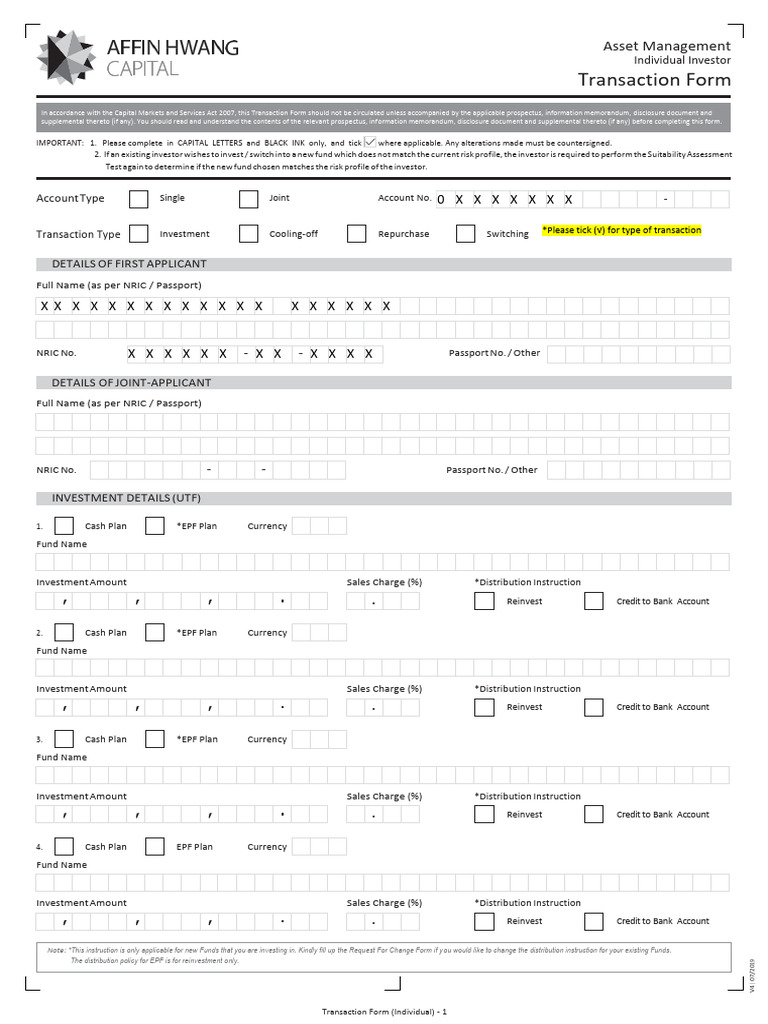 Individual Investor Transaction Form | PDF | Loans | Cheque