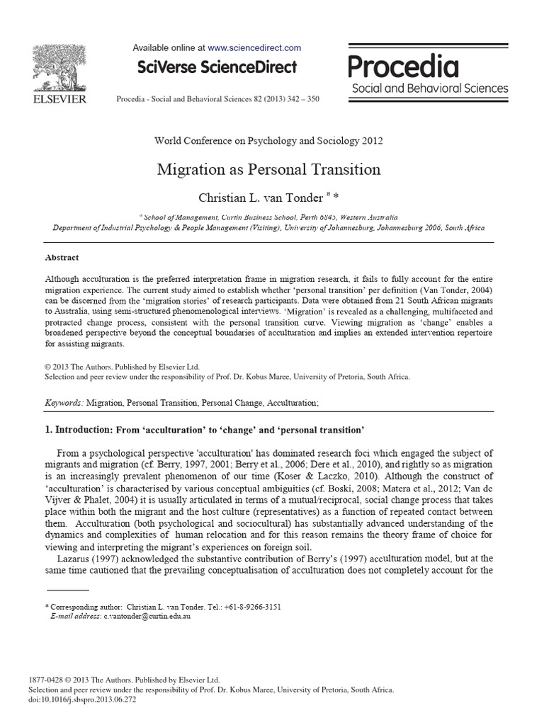 Van Tonder, CL, Migration As Personal Transition, Procedia 2013, 82 ...