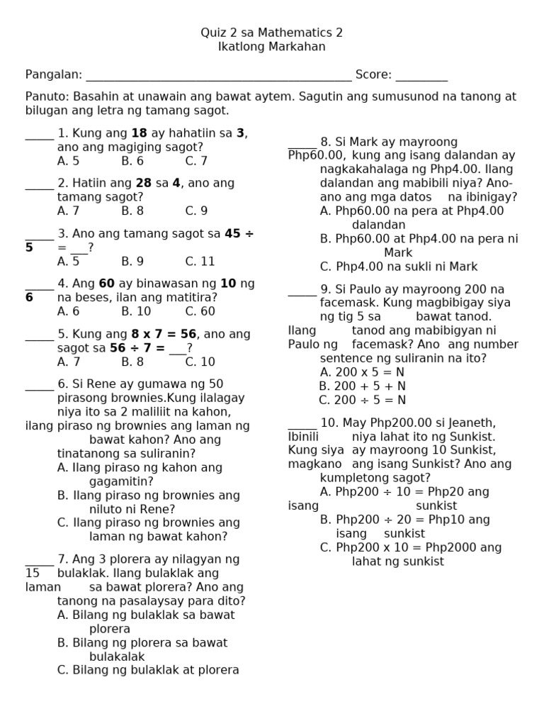 Quiz 2 in Math - Q3 | PDF