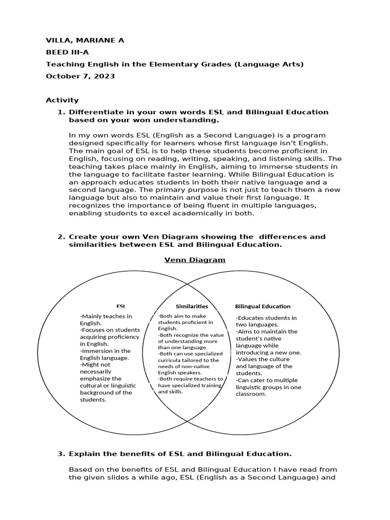 ESL vs. Bilingual Education Explained | PDF | English As A Second Or ...