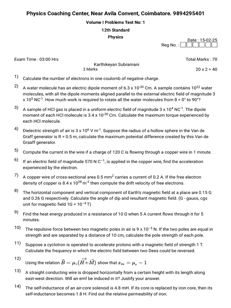 Class 12 Physics Volume I Problems Test | PDF | Inductance | Inductor