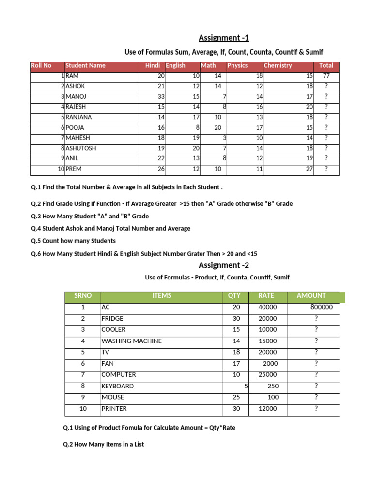 50 Ms Excel Assignments PDF For Practice | PDF | Fruit | Vegetables
