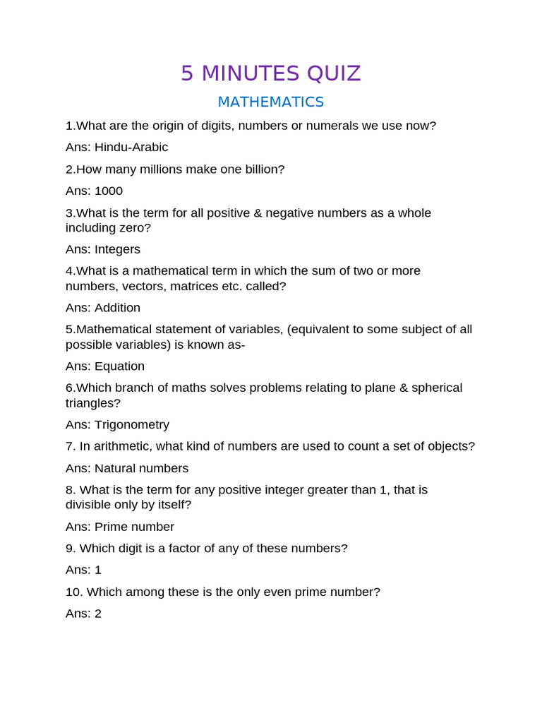 Simple Mathematics 5 Min. Quiz | PDF