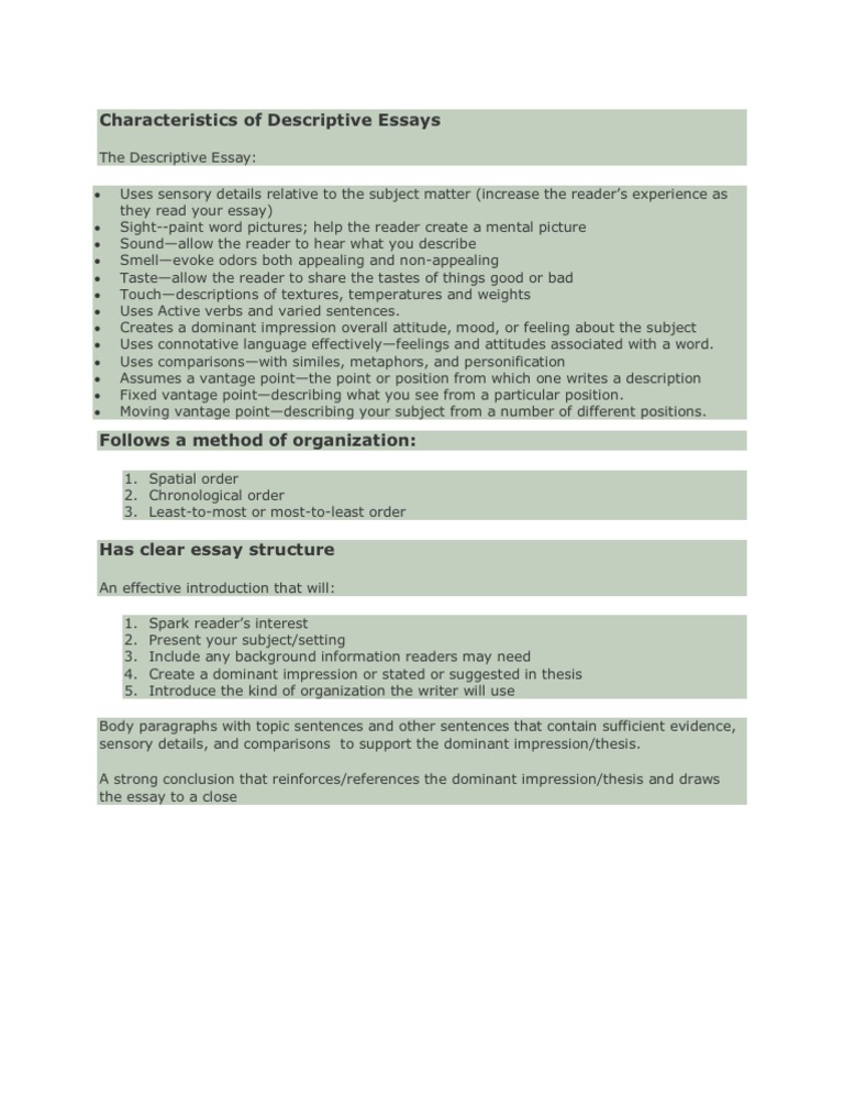 Characteristics of Descriptive Essays