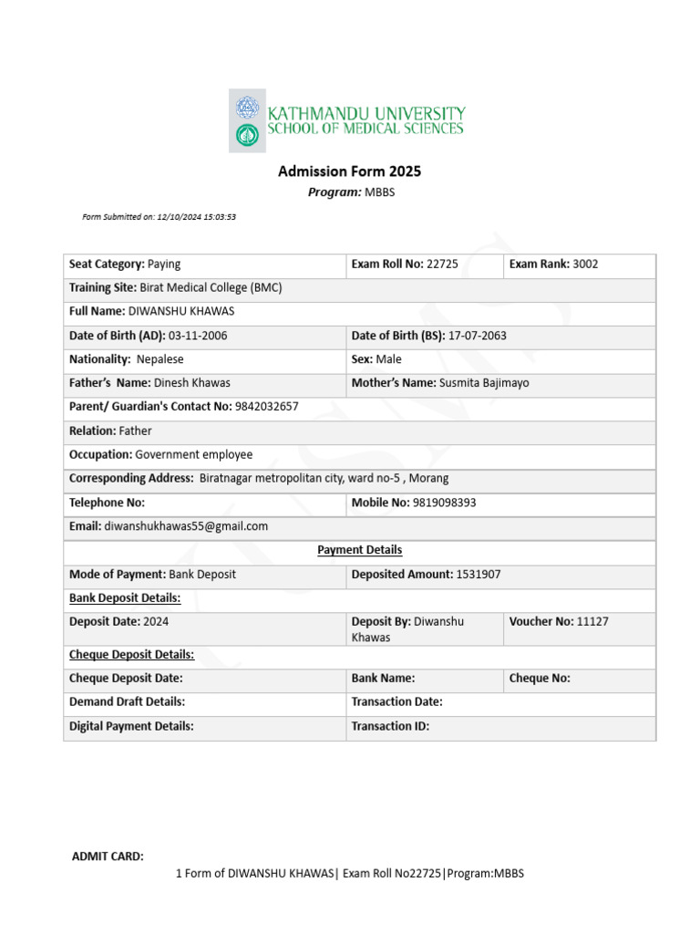 KUSMS MBBS Admission Form 2025 | PDF