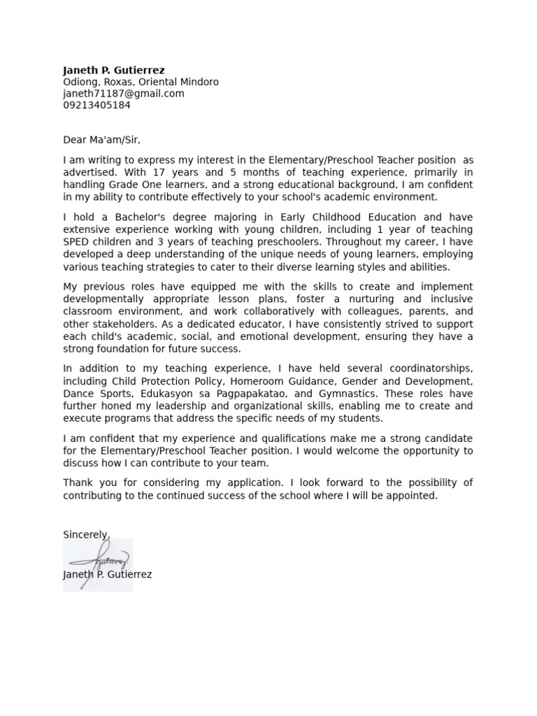 APPLICATION LETTER As TEACHER | PDF