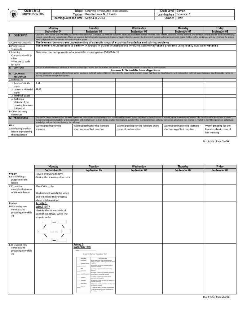 Daily Lesson Log: Science 7 (Sept 2023) | PDF | Learning | Hypothesis