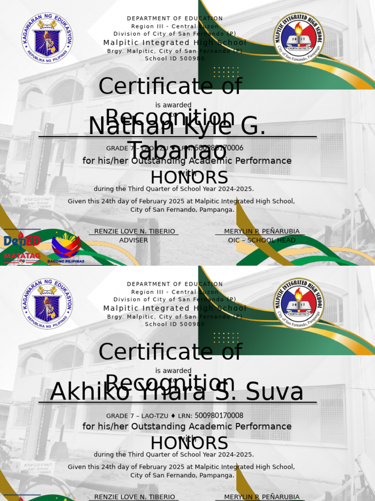 Certificate of Academic Honors 2025 | PDF