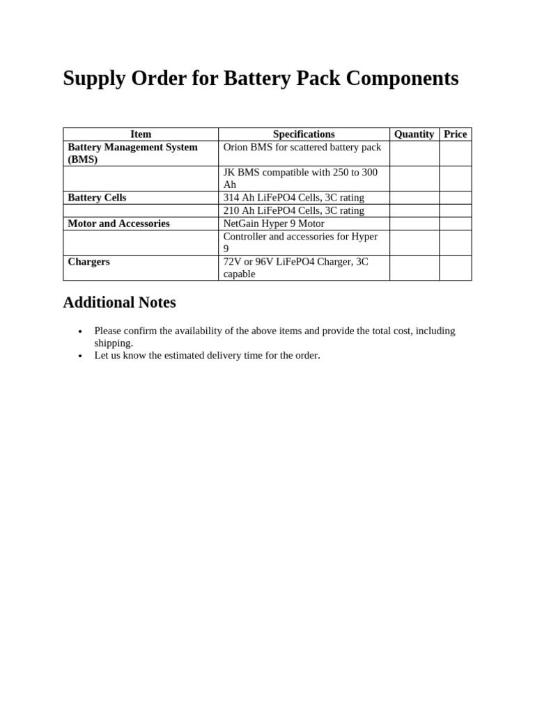 Battery Pack Components Supply Order | PDF