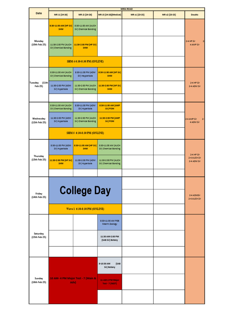 Weekly Class Schedule and Tests | PDF