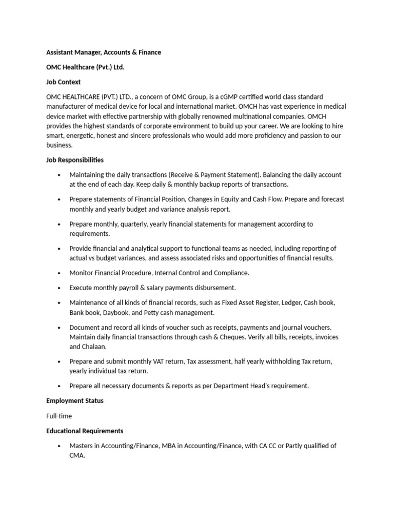 Assistant Manager, Accounts & Finance Role | PDF | Business | Economies