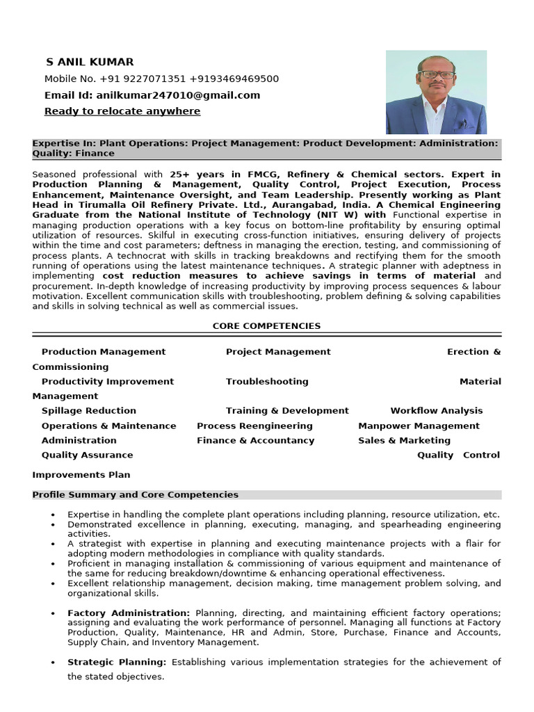 Anilkumar CV | PDF | Oil Refinery | Project Management