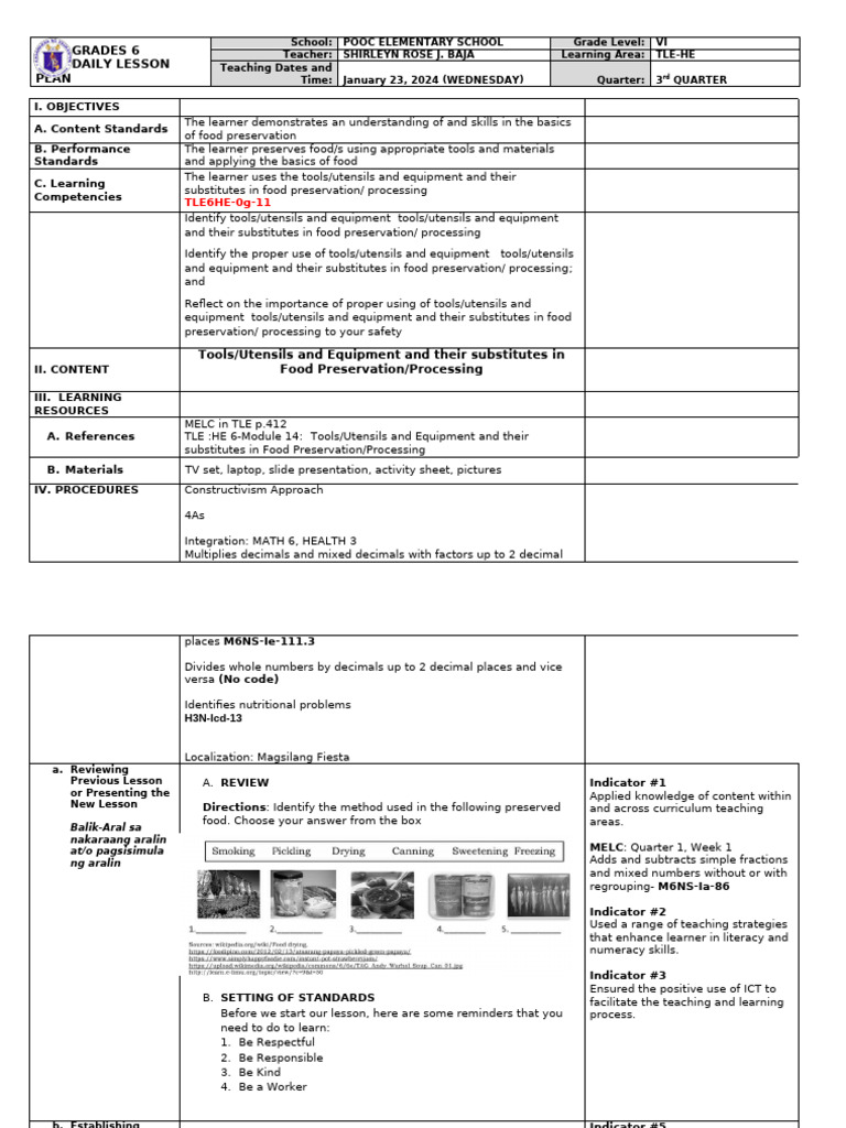 COT 1 | PDF | Learning | Kitchen Utensil