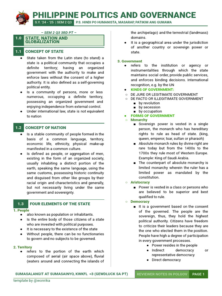 Philippine Politics and Governance Overview | PDF | Sovereignty | Monarch