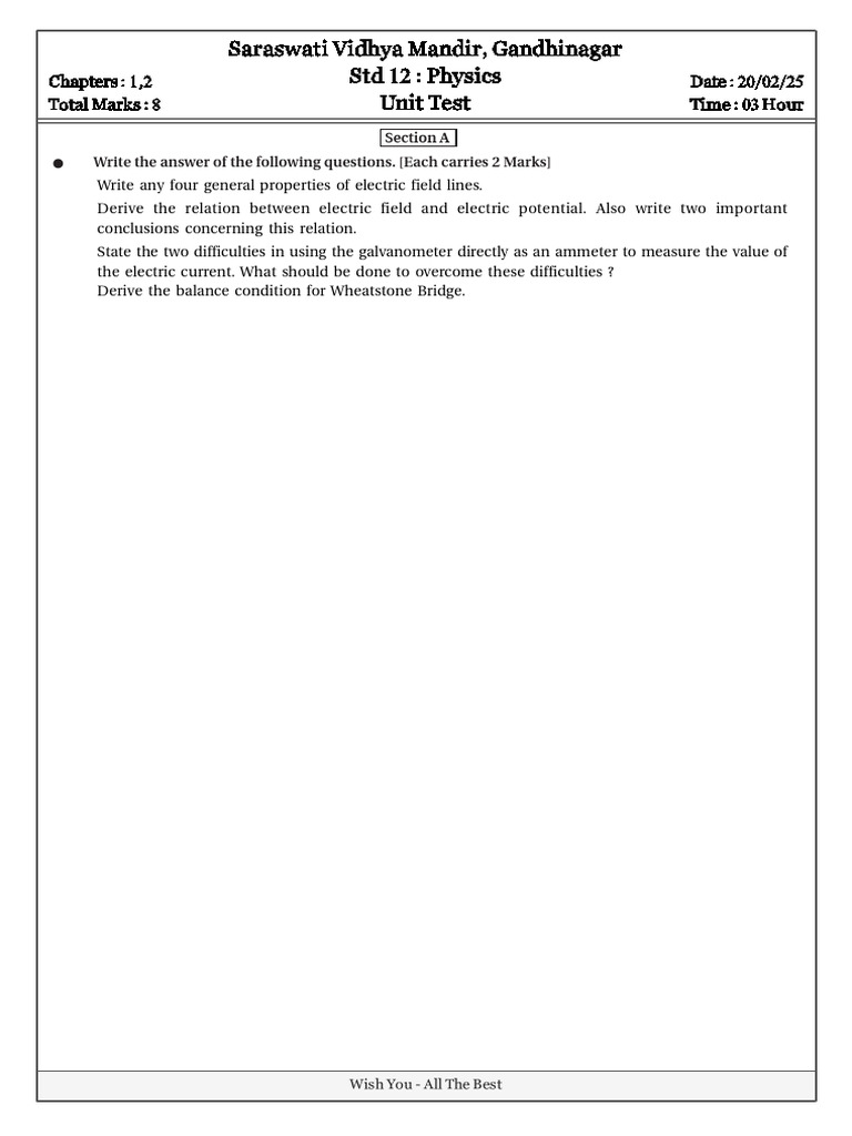 Std 12 Physics Unit Test Questions | PDF