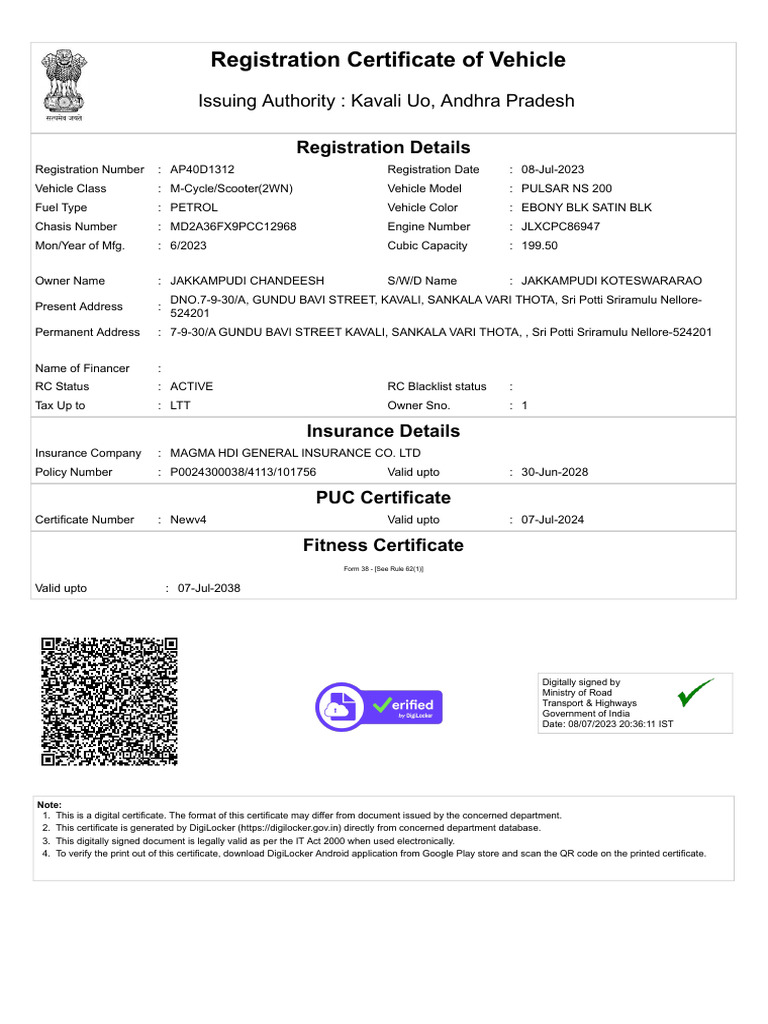 Vehicle Registration Certificate AP40D1312 | PDF | Vehicles | Transport