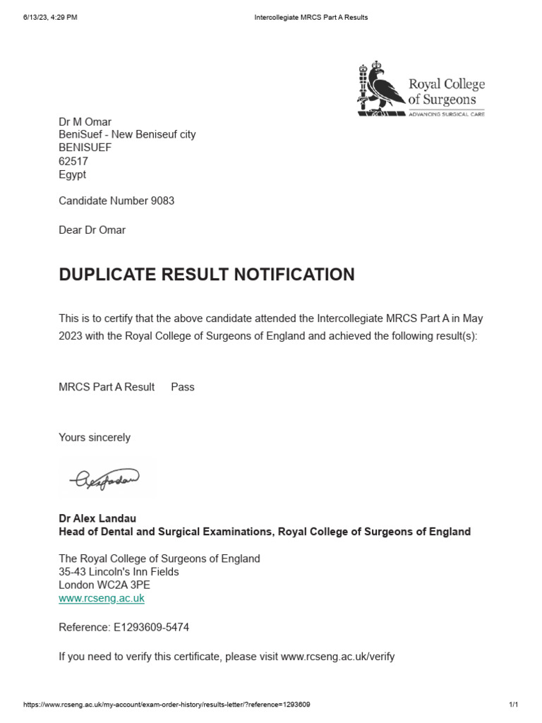 MRCS Part A Results Notification | PDF