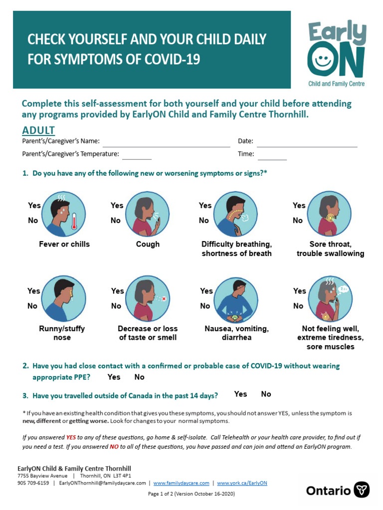 EarlyON COVID Screening Tool V-Oct16-20 | PDF | Diseases And Disorders ...