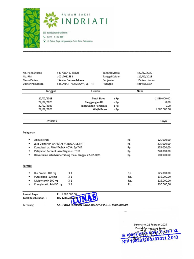 Kwitansi Rawat Jalan THT Xavier 2025 | PDF