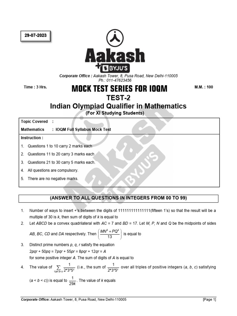 IOQM Mock Test 2 for XI Students | PDF | Arithmetic | Elementary ...