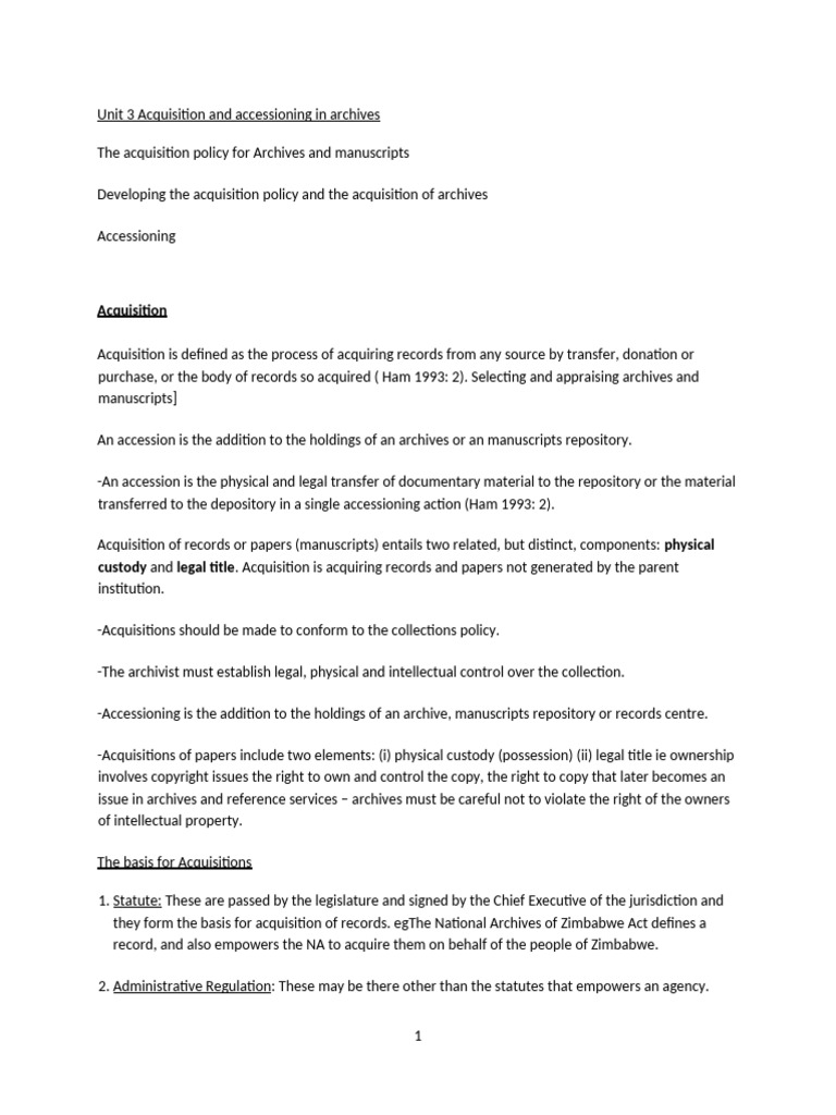 Archives Acquisition and Accessioning Guide | PDF | Archive | Policy