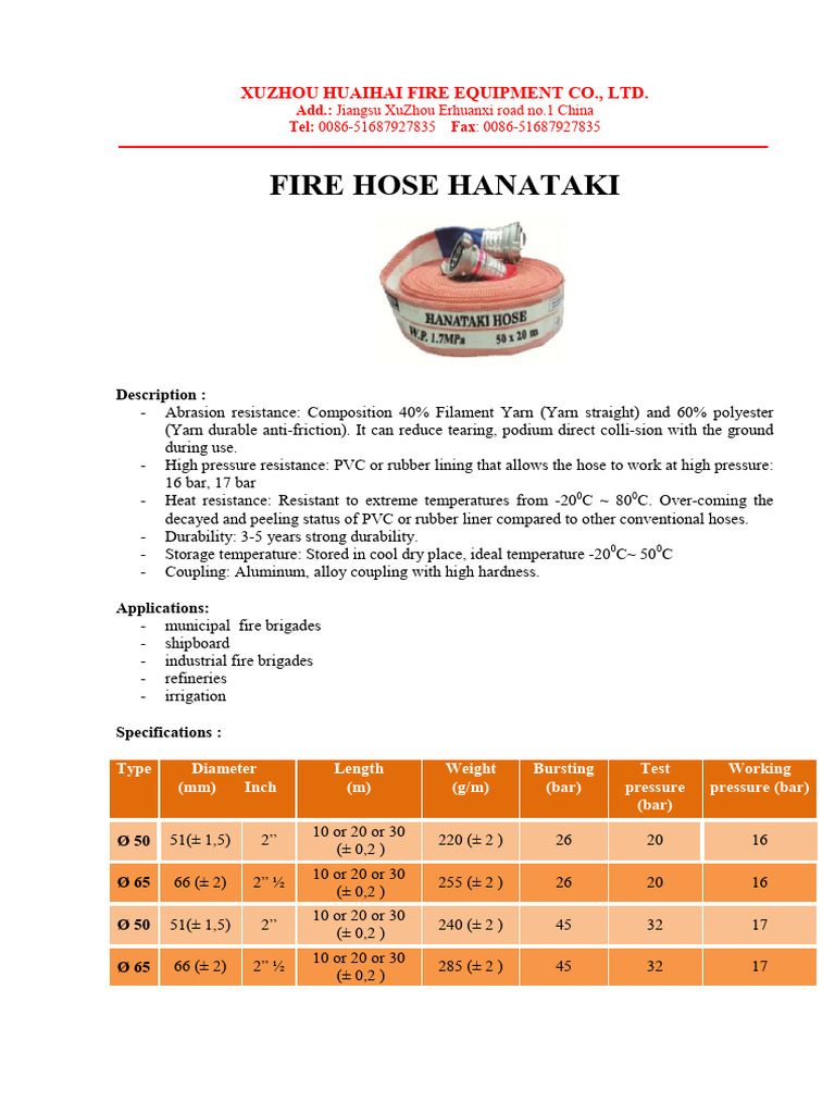 Hanataki Fire Hose Specifications | PDF