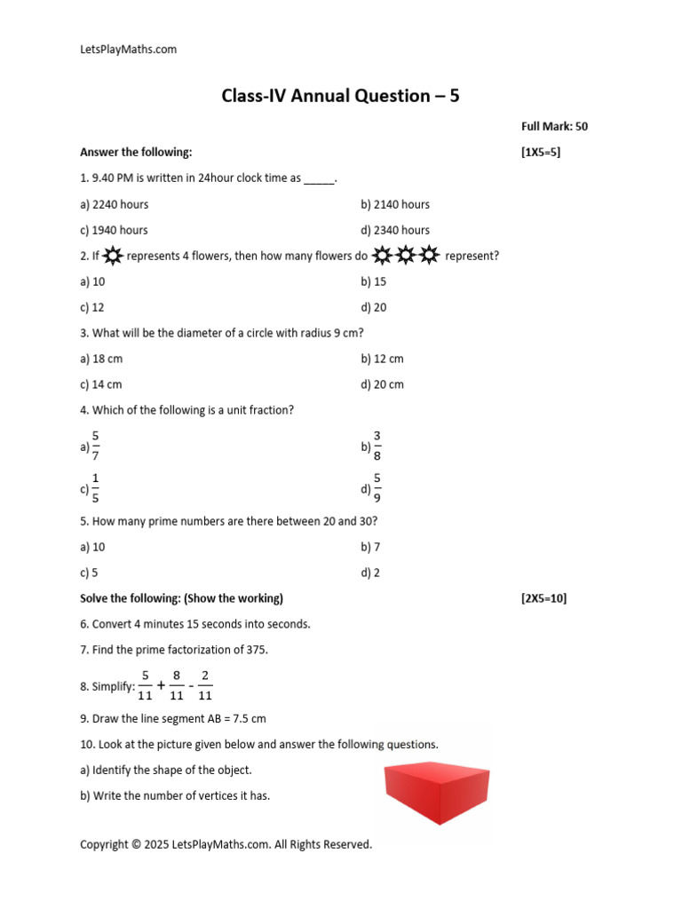 Class 4 Annual Examination Sample Questions Set E | PDF | Elementary ...