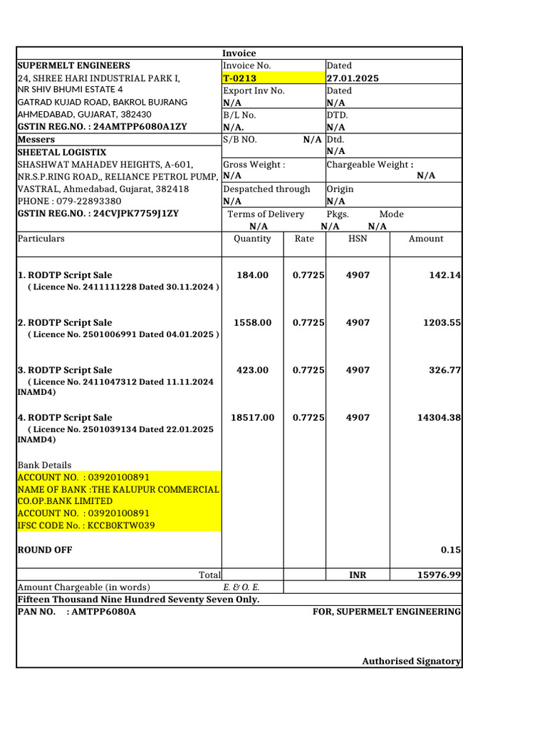 RODTP SCRIP Invoice Supermelt TO STLX | PDF