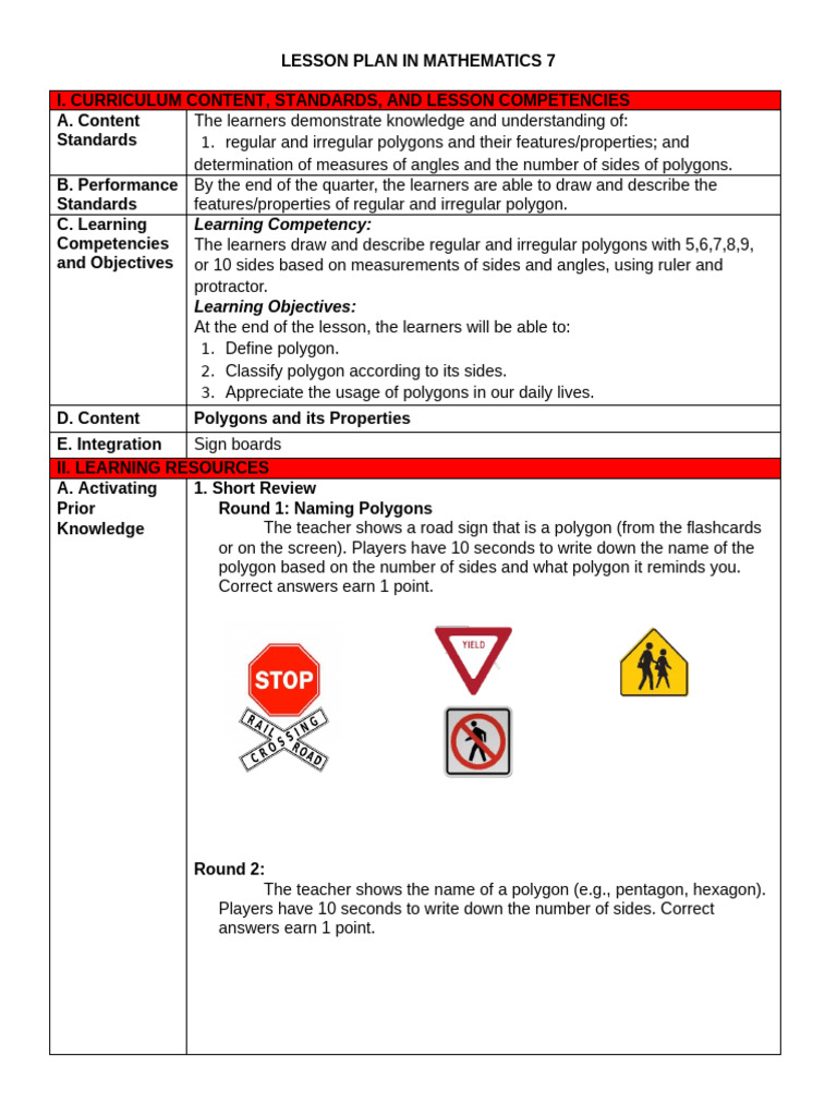 Mathematics 7: Polygons Lesson Plan | PDF | Polygon | Triangle
