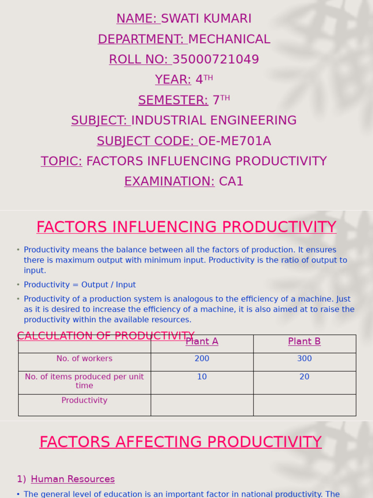 Factors Influencing Productivity in Industry | PDF | Labour Economics ...