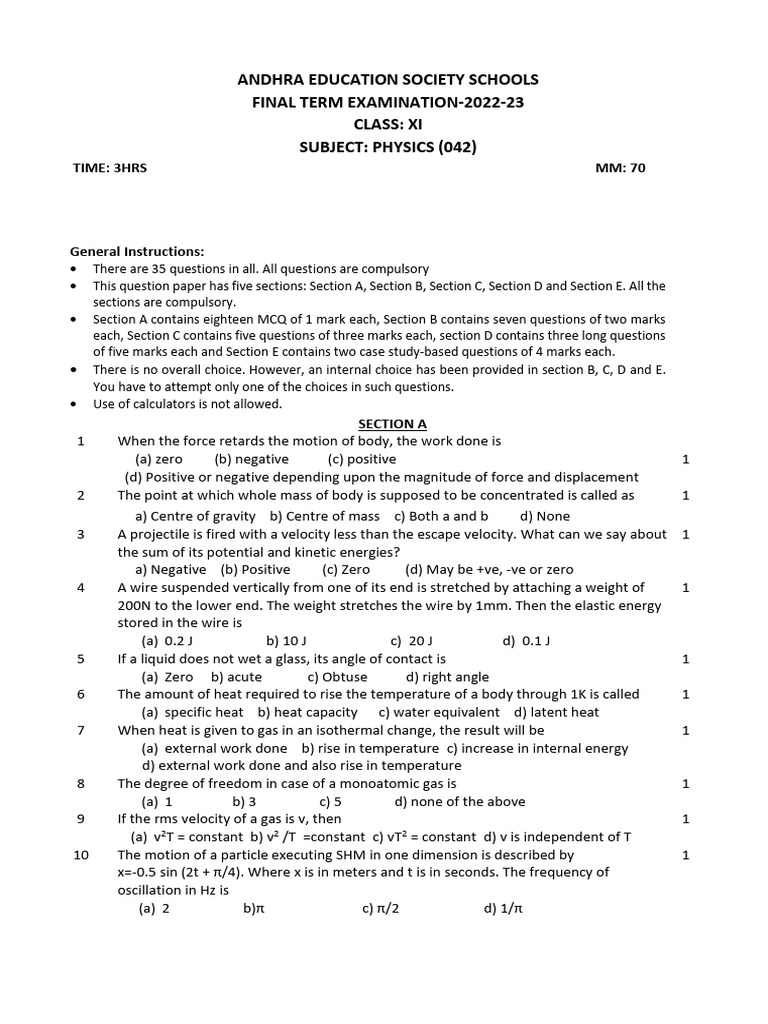 Class XI Physics Final Exam Paper 2022-23 | PDF | Collision | Physics
