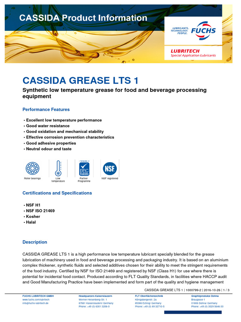 Cassida Grease LTS 1 Overview | PDF | Bearing (Mechanical) | Mechanical ...