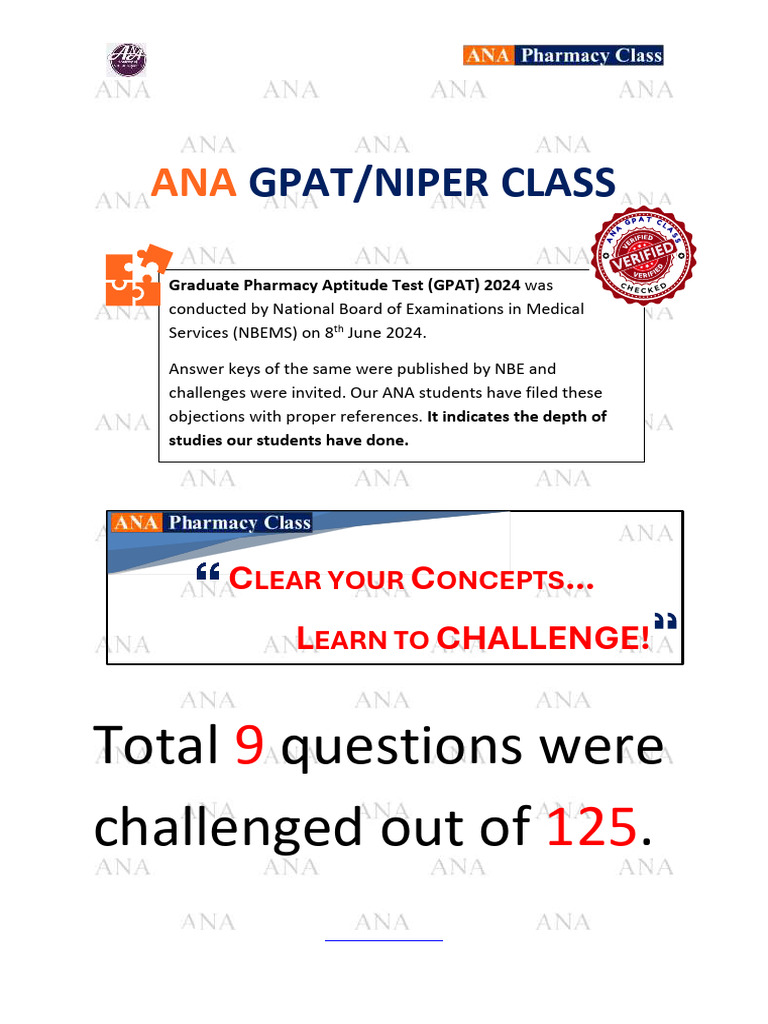 ANA Objections On GPAT 24 Answer Key | PDF | Chemistry