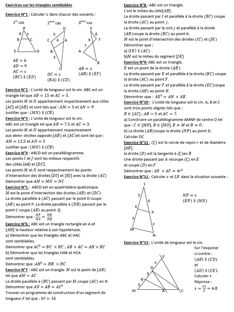 Exercices sur les triangles semblables | PDF | Triangle | Géométrie