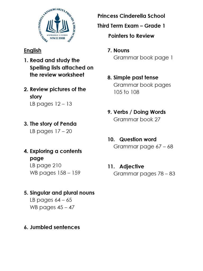 Grade 1 Exam Review Guide | PDF | Linguistic Typology | Syntax