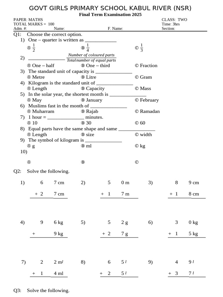 Grade 2 Maths Final Exam 2025 | PDF | Metrology | Quantity