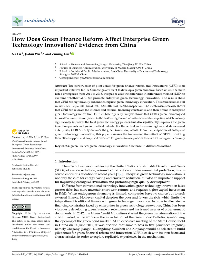 How Does Green Finance Reform Affect Enterprise Green Technology ...
