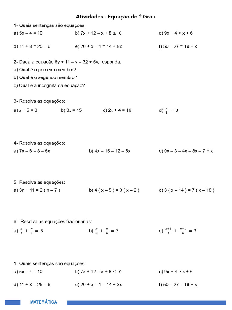 Exercícios de Equação do 1º Grau | PDF | Equações | Matemática elementar