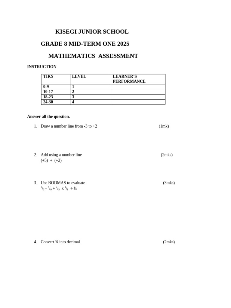 Grade 8 Mid-Term Maths Exam 2025 | PDF