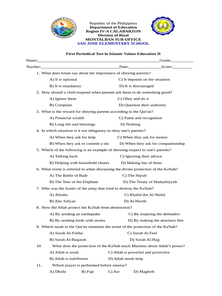 Islamic Values Education Test Questions | PDF | Quran | Islam