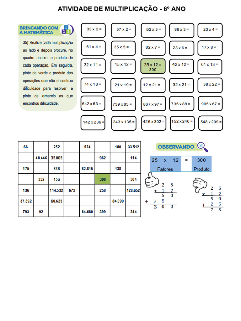 Atividade de Multiplicação - 6º Ano | PDF
